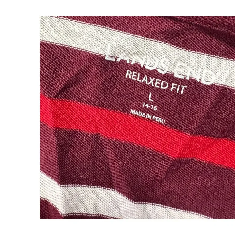 Lands' End Large 14-16 Relaxed Fit Supima Cotton Striped V Neck Long Sleeve T